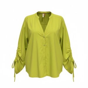 Anthropologie 1x Lime Green cotton poplin Drawstring Sleeve Button-Front Blouse